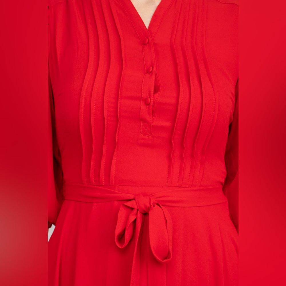 NWT Nanette Lepore Red Riding Hood Pleated Tie Waist A-Line Crepe Midi Dress - Picture 5 of 11